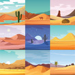 Desert mountains sandstone wilderness landscape background dry under sun hot dune scenery travel vector illustration.