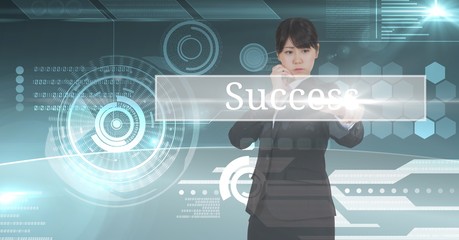 Poster - businesswoman standing on a chart of succes 