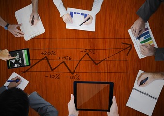 Poster - Overhead of business team with wood panel and graph doodle