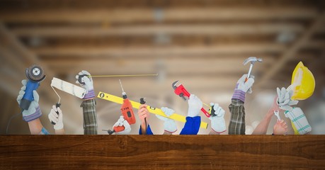 Poster - Hands with tools on building site