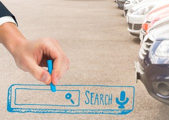 Poster - Hand drawing blue search bar against parked cars