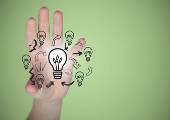 Poster - Hand with lightbulb doodles and flare against green background