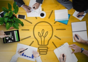 Poster - Overhead of business team with yellow wood 
