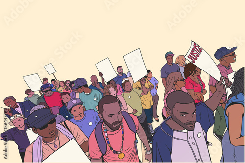 Valokuva Illustration of mixed ethnic crowd protesting against police brutality with blan