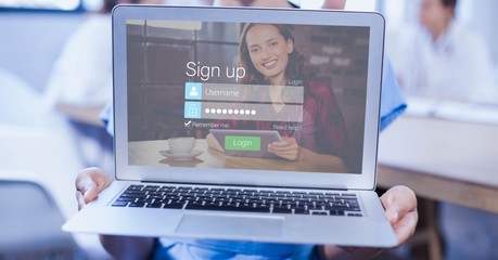 Poster - Image of person holding laptop with networking 