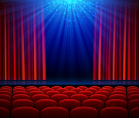 Wall Mural - Empty theater stage with red opening curtain, spotlight and seats. Poster background for concert, party, theater or dance show