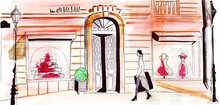 Illustration Sketch Street With Fashion Stores And A Woman Customer Going Shopping