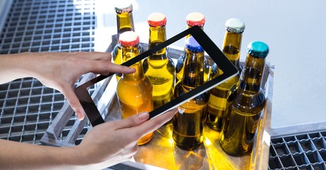 Poster - Hands photographing beer bottles through tablet 