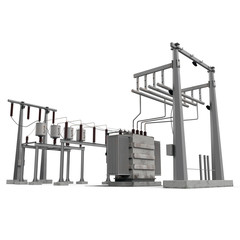 Electric power equipment in a substation on white. 3D illustration