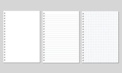 Set of realistic vector illustration of blank sheets of square and lined paper from a block isolated on a gray background