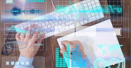 Poster - Digital composite image of hands using keyboard 