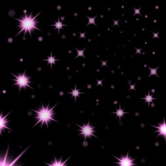 Wall Mural - Pink stars black night sky background. Abstract bokeh glowing space design. Starry milky way. Galaxy golden starlight shine sparkle. Purple shiny fantasy glow in dark Vector illustration