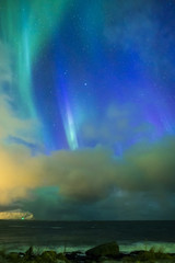 amazing picturesque unique nothern lights aurora borealis over lofoten islands in nothern part of no