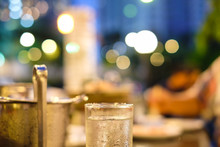 Blurred Beverage Night Lights Colorful Cityscape Bokeh In Restaurant, Abstract Bokeh Background Colorful.