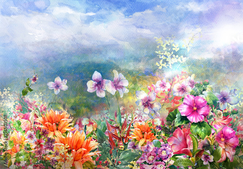 Abstract colorful flowers watercolor painting. Spring multicolored in .nature