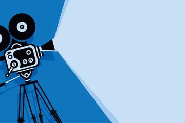 Vector blue background with lighting old fashioned movie camera on the tripod. Can used for banner, poster, web page, background