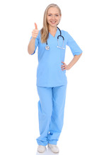 Smiling Young Nurse Showing Thumbs Up Sign Isolated Over White Background. Advertising In Medicine And Health Care