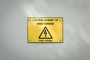 high voltage warning sign of wind turbine cabinet controller