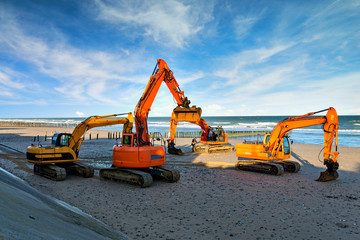 Poster - groupe de grue au travail le matin