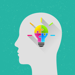 Poster - Light bulb made of colorful puzzle with human head as thinking and innovation concept. Flat design with long shadow.