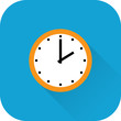 Clock icon. Vector. Flat design with long shadow. Orange time symbol isolated on blue background.