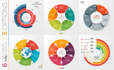 collection of 6 vector circle chart templates for infographics with 5 options.