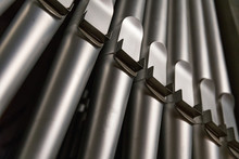 Part Of The Church Organ With Many Air Pipes Made Of Metal