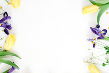 Frame With Yellow Tulips, Purple Iris And Chamomile Flowers On White Background. Flat Lay, Top View. Floral Background