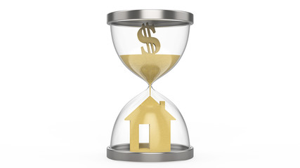 3D illustration hourglass dollar money and house