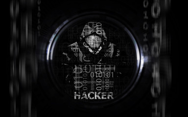 Wall Mural - Hacker man in hoodie with laptop flat isolated on dark background