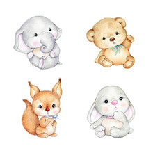 Set Of Cute Baby Animals -Teddy Bear, Bunny, Elephant, Squirrel
