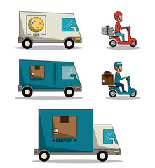 Sticker - circular frame background with set fast delivery truck of packages and pizza vector illustration