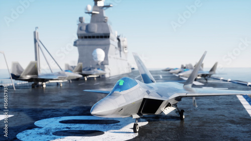 Plakat Jet f22, myśliwiec na lotniskowcu w morze, ocean. Koncepcja wojny i broń. 3d rendering.