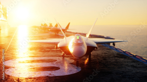 Obraz na płótnie Jet f22, myśliwiec na lotniskowcu w morze, ocean. Koncepcja wojny i broń. 3d rendering.