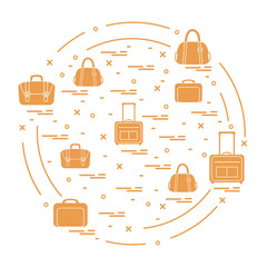 Vector illustration with different bag and suitcases for travel arranged in a circle. Summer time, vacation.