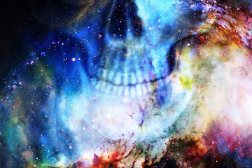Fototapete - Detailed skull mouth in color cosmic abstract background.