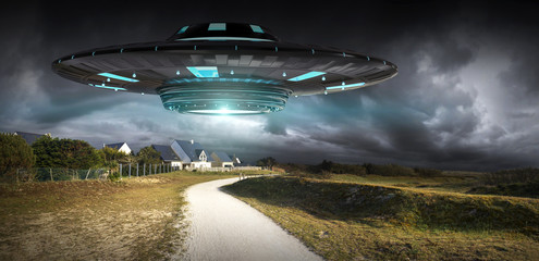 Poster - UFO invasion on planet earth landascape 3D rendering