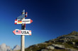 USA and German flags on signpost, politics concept
