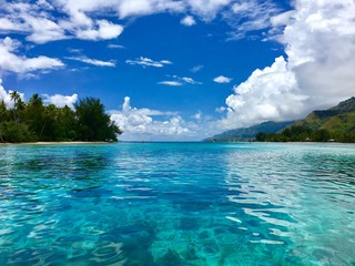 beautiful view on the turquoise lagoon of moorea and its motus, moorea, tahiti, french polynesia