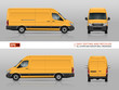 Yellow van vector template for car branding and advertising. Isolated commercial truck on transparent background. View from left and right side, back, front.