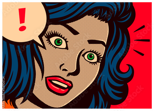 Zdjęcie XXL Komiksy pop stylu komiks zaskoczony dziewczyna z pustym wyrażenie i dymek z wykrzyknikiem plakat projekt wektor ilustracja