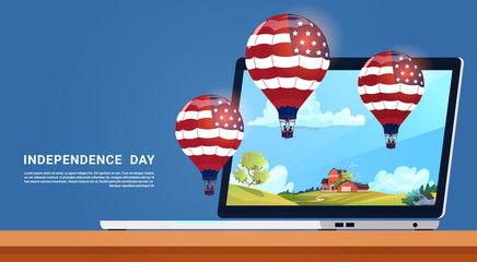 United States Flag Colored Air Balloons Flying From Tablet Computer Independence Day Holiday 4 July Banner Greeting Card Flat Vector Illustration