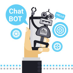 Poster - Man Chatting With Chat Bot On Cell Smart Phone, Robot Virtual Assistance Element Of Website Or Mobile Applications Vector Illustration