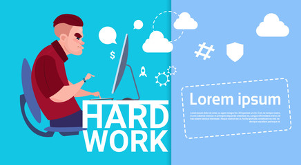 Poster - Business Man Working Computer Busy Hard Work Concept Banner With Copy Space Flat Vector Illustration