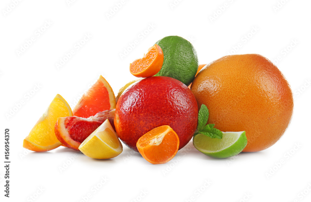 Composition of juicy citrus fruits on white background