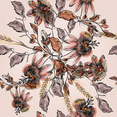Fototapete - Beautiful botanical illustration pattern in watercolor with drawn vintage flowers