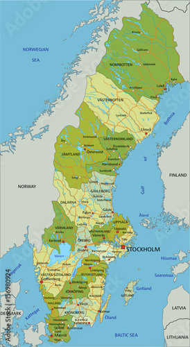 Highly detailed editable political map with separated layers. Sweden