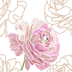 Embroidery seamless pattern with beautiful rose flowers. Vector floral ornament on black background. Embroidery for fashion textile and fabric.