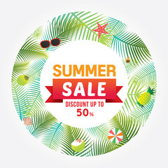 Sticker - Vector of summer sale discount up to 50 % poster design template with tropical background.