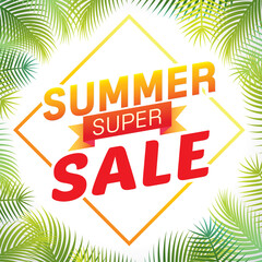 Wall Mural - Vector of summer super sale poster design template with palm trees background.